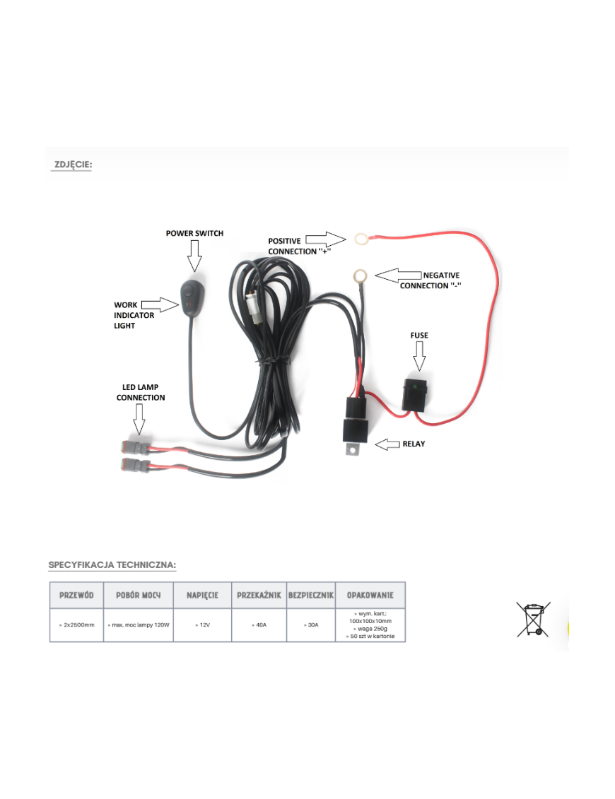 Work Light Cable 2x2.5m 12V max120W