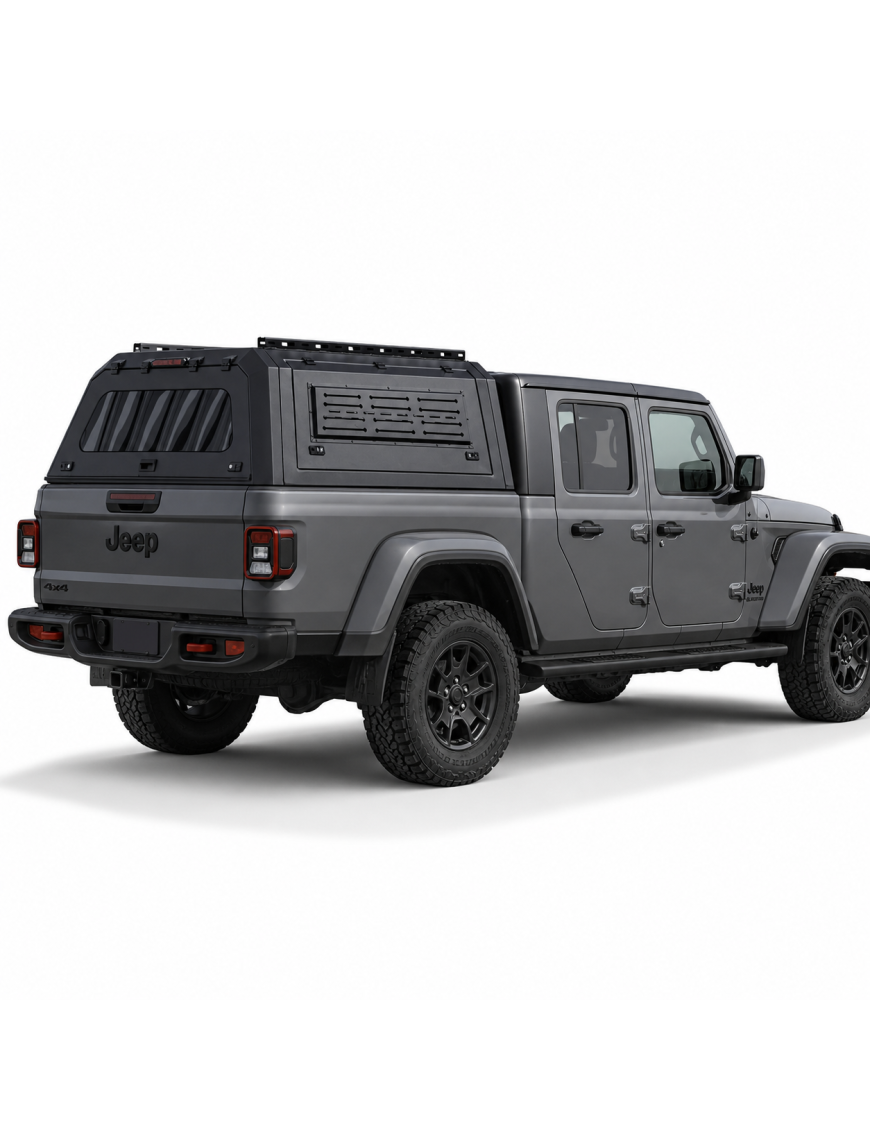 Aluminum hardtop for Jeep Gladiator 2021+ designed for pickup bed enclosure.