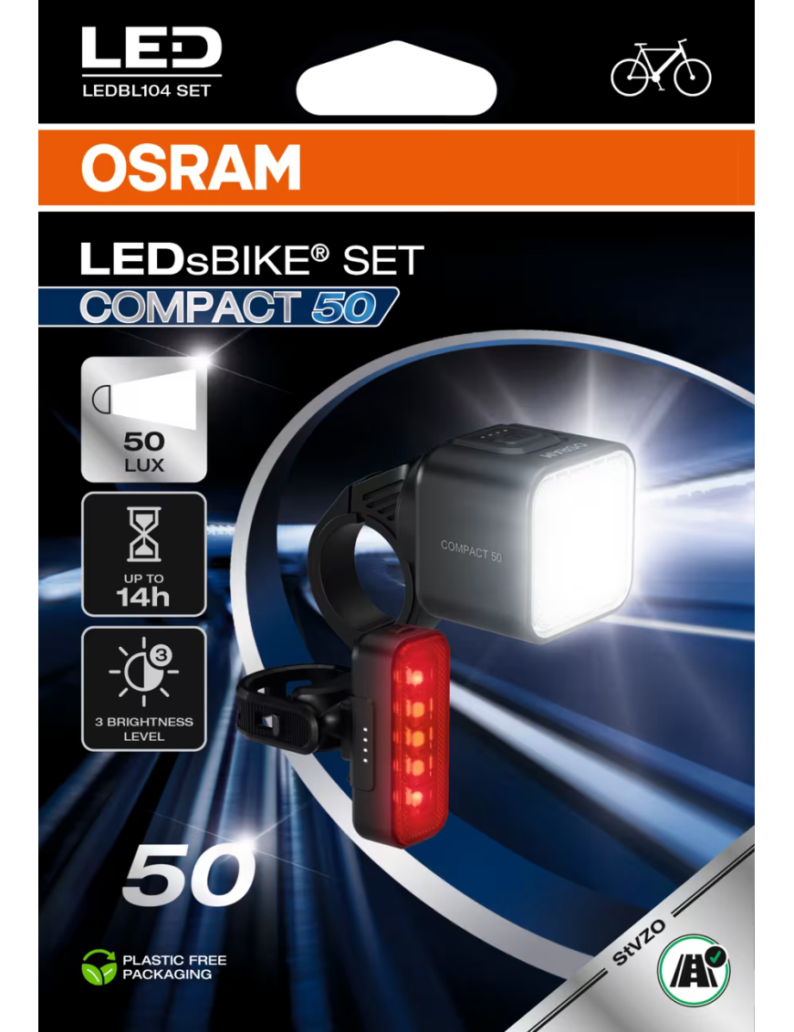 OSRAM LEDsBIKE COMPACT 50 SET – 50 lx LED bike light set, front + rear