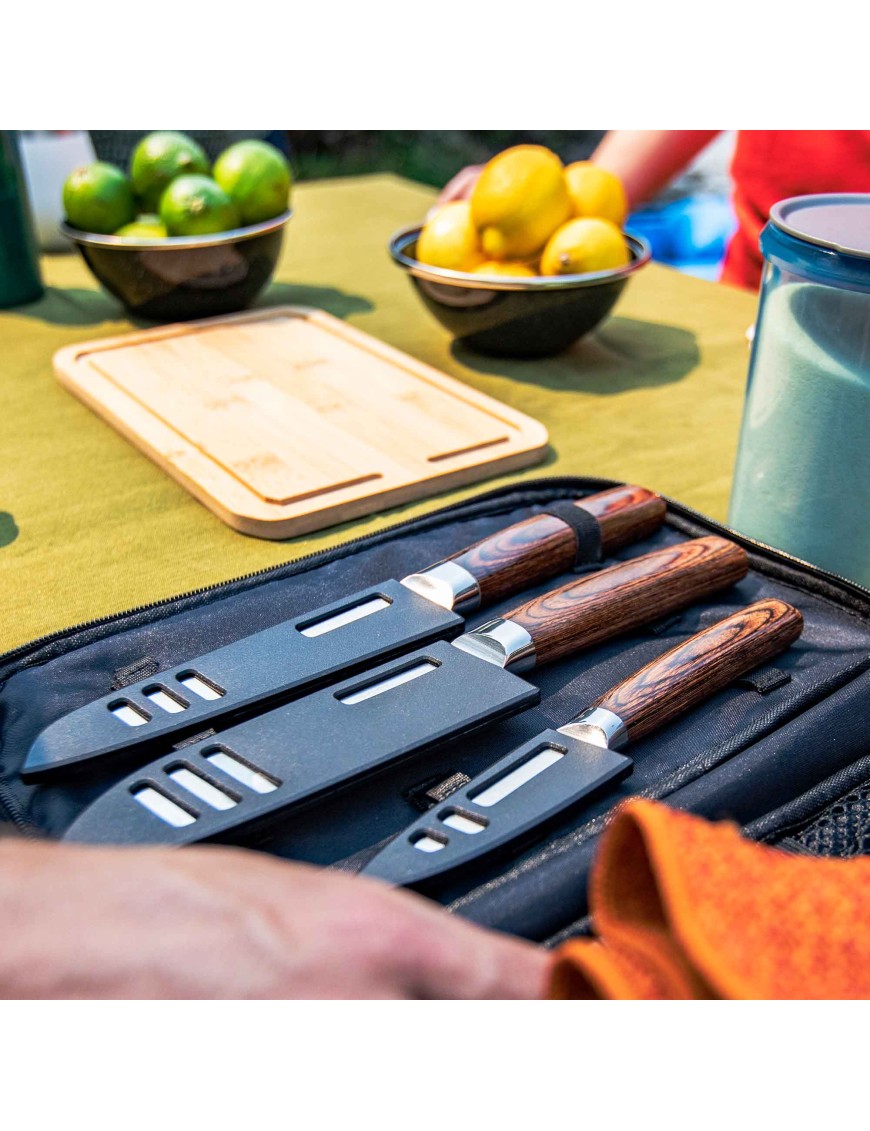 GSI Outdoors RAKAU Knife Set – 3-Piece Camping Knife Set with Board and Case