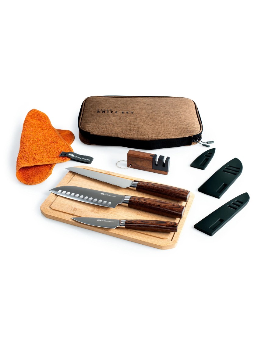 GSI Outdoors RAKAU Knife Set – 3-Piece Camping Knife Set with Board and Case